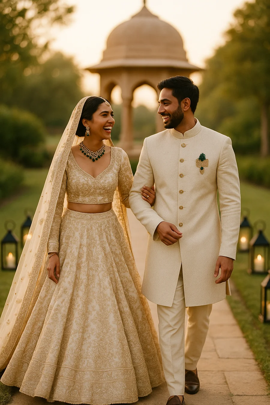 Salman and Huma walking together through a lantern-lit garden