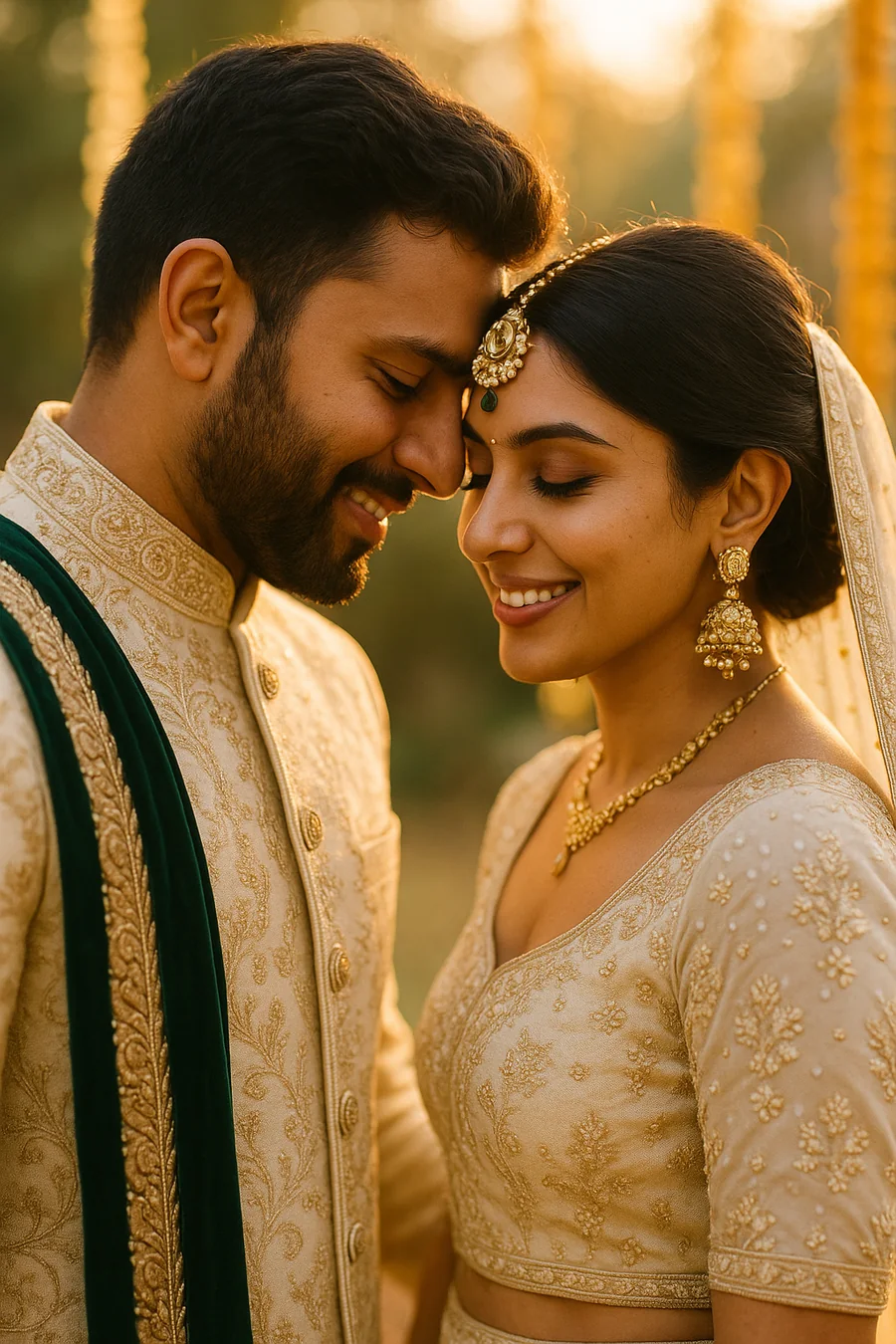 Salman and Huma at their wedding, forehead to forehead